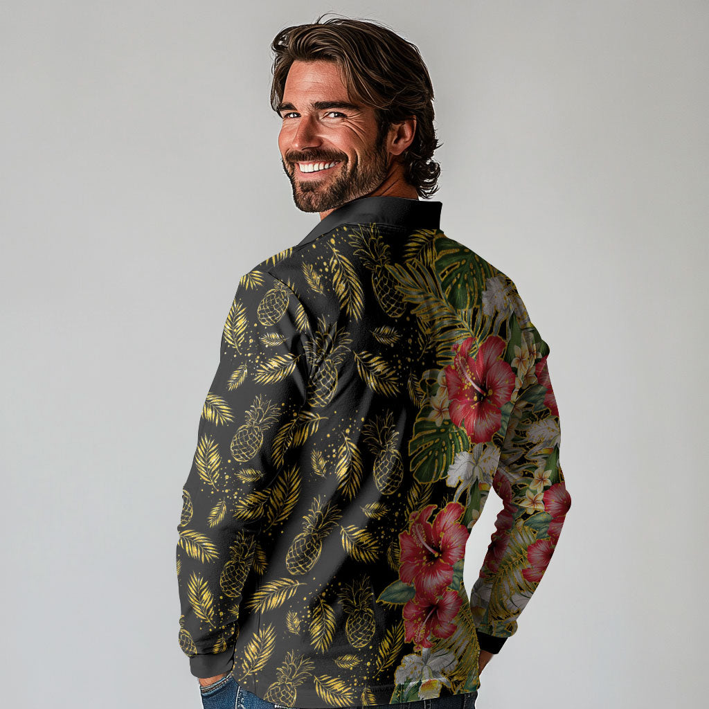 Hawaii Discoverers Day Long Sleeve Polo Shirt Tropical Hibiscus Glitter Black LT05 - Polynesian Pride