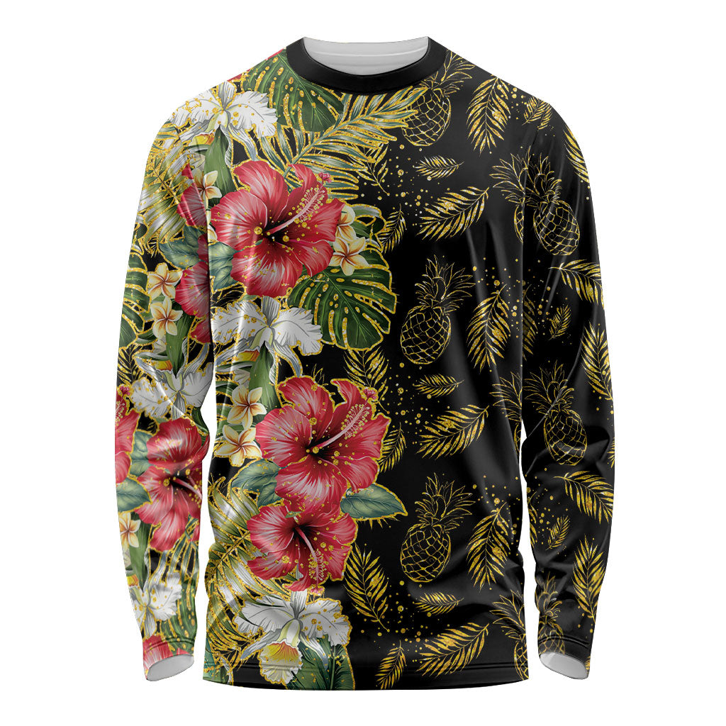 Hawaii Discoverers Day Long Sleeve Shirt Tropical Hibiscus Glitter Black LT05 Unisex Black - Polynesian Pride