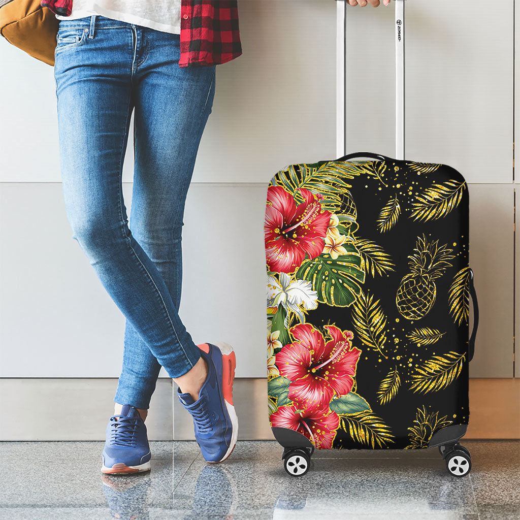 Hawaii Discoverers Day Luggage Cover Tropical Hibiscus Glitter Black LT05 - Polynesian Pride
