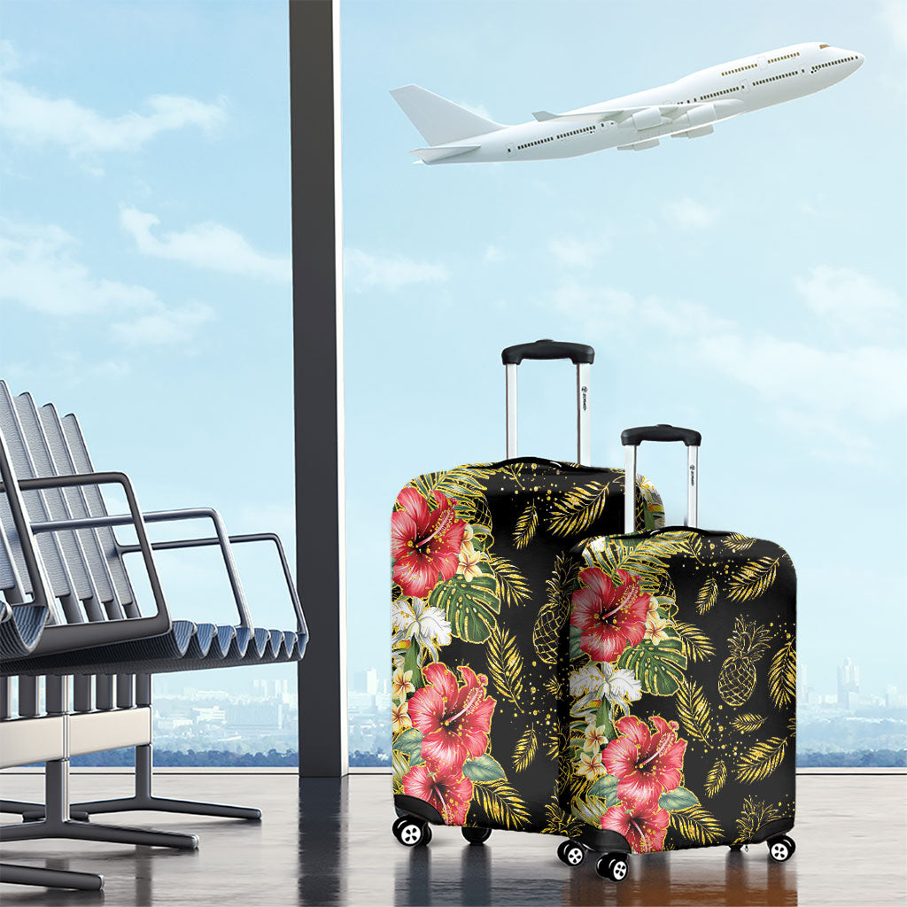 Hawaii Discoverers Day Luggage Cover Tropical Hibiscus Glitter Black LT05 - Polynesian Pride