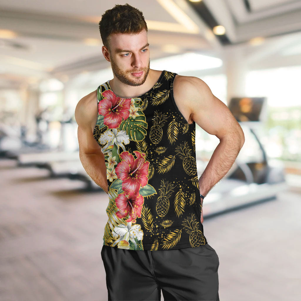 Hawaii Discoverers Day Men Tank Top Tropical Hibiscus Glitter Black LT05 Black - Polynesian Pride