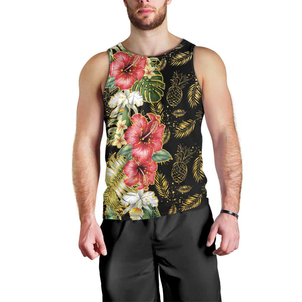 Hawaii Discoverers Day Men Tank Top Tropical Hibiscus Glitter Black LT05 - Polynesian Pride
