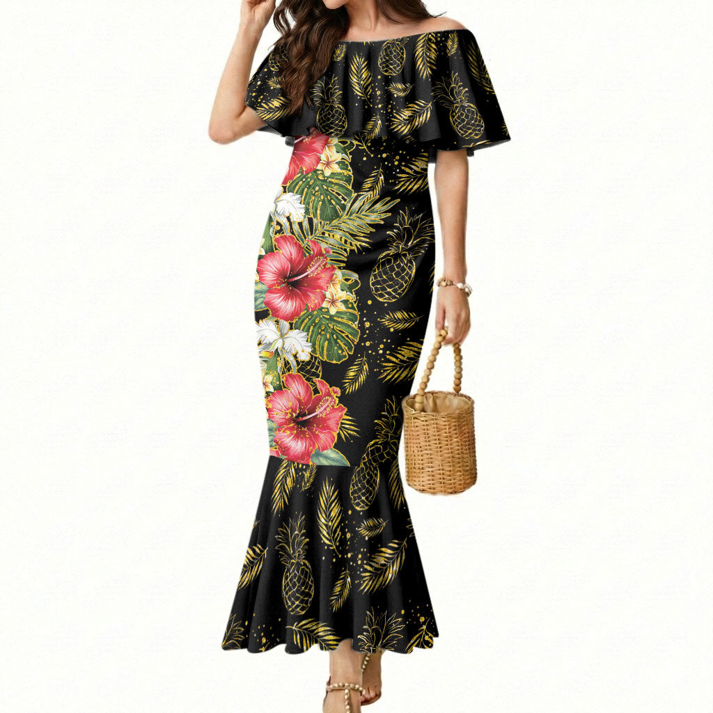 Hawaii Discoverers Day Mermaid Dress Tropical Hibiscus Glitter Black LT05 Women Black - Polynesian Pride