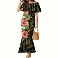 Hawaii Discoverers Day Mermaid Dress Tropical Hibiscus Glitter Black LT05 Women Black - Polynesian Pride