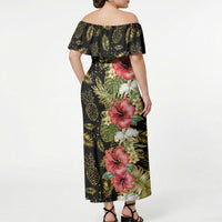 Hawaii Discoverers Day Off Shoulder Maxi Dress Tropical Hibiscus Glitter Black LT05 - Polynesian Pride