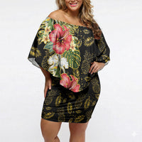 Hawaii Discoverers Day Off Shoulder Short Dress Tropical Hibiscus Glitter Black LT05 Women Black - Polynesian Pride