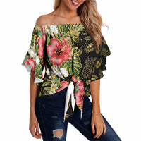 Hawaii Discoverers Day Off Shoulder Wrap Waist Top Tropical Hibiscus Glitter Black LT05 Black - Polynesian Pride