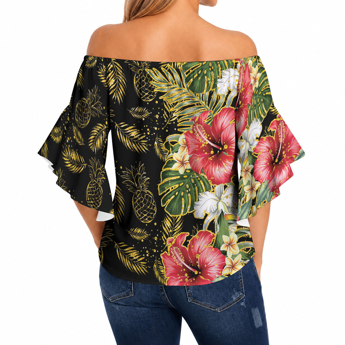 Hawaii Discoverers Day Off Shoulder Wrap Waist Top Tropical Hibiscus Glitter Black LT05 - Polynesian Pride