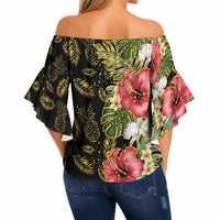 Hawaii Discoverers Day Off Shoulder Wrap Waist Top Tropical Hibiscus Glitter Black LT05 - Polynesian Pride