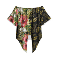 Hawaii Discoverers Day Off Shoulder Wrap Waist Top Tropical Hibiscus Glitter Black LT05 - Polynesian Pride