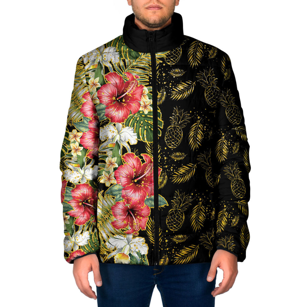 Hawaii Discoverers Day Padded Jacket Tropical Hibiscus Glitter Black LT05 Men Black - Polynesian Pride