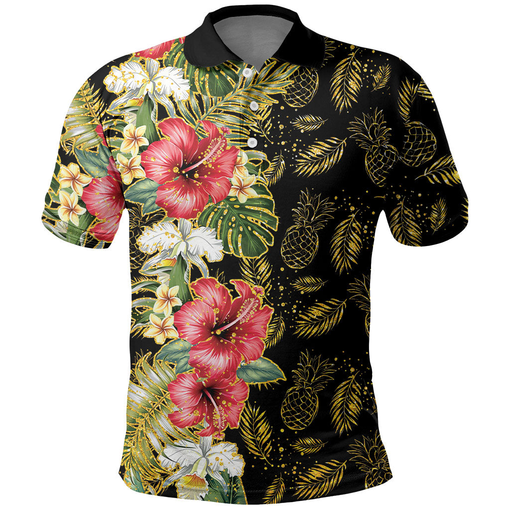 Hawaii Discoverers Day Polo Shirt Tropical Hibiscus Glitter Black LT05 Black - Polynesian Pride