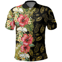Hawaii Discoverers Day Polo Shirt Tropical Hibiscus Glitter Black LT05 Black - Polynesian Pride