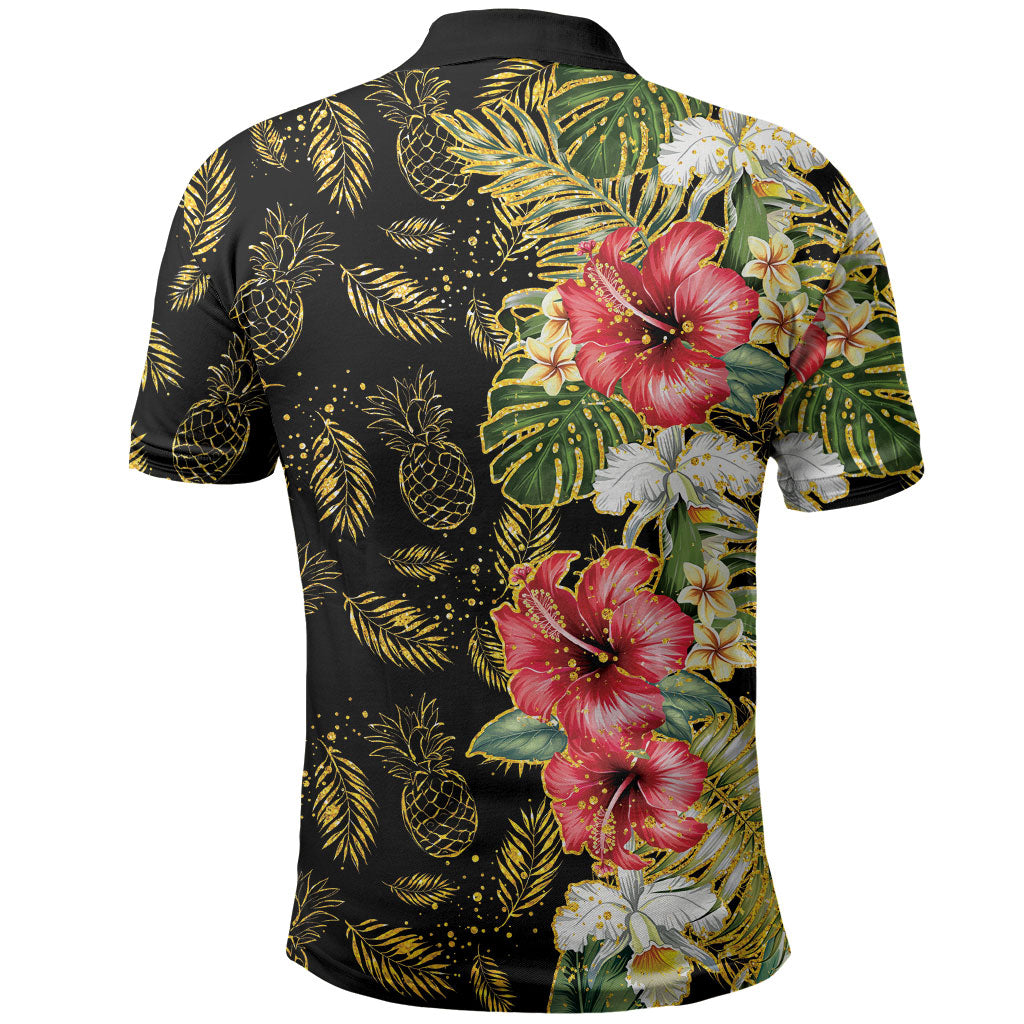 Hawaii Discoverers Day Polo Shirt Tropical Hibiscus Glitter Black LT05 - Polynesian Pride