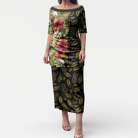 Hawaii Discoverers Day Puletasi Tropical Hibiscus Glitter Black LT05 Long Dress Black - Polynesian Pride