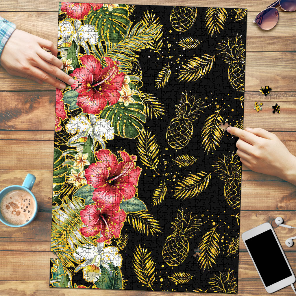 Hawaii Discoverers Day Puzzle Tropical Hibiscus Glitter Black
