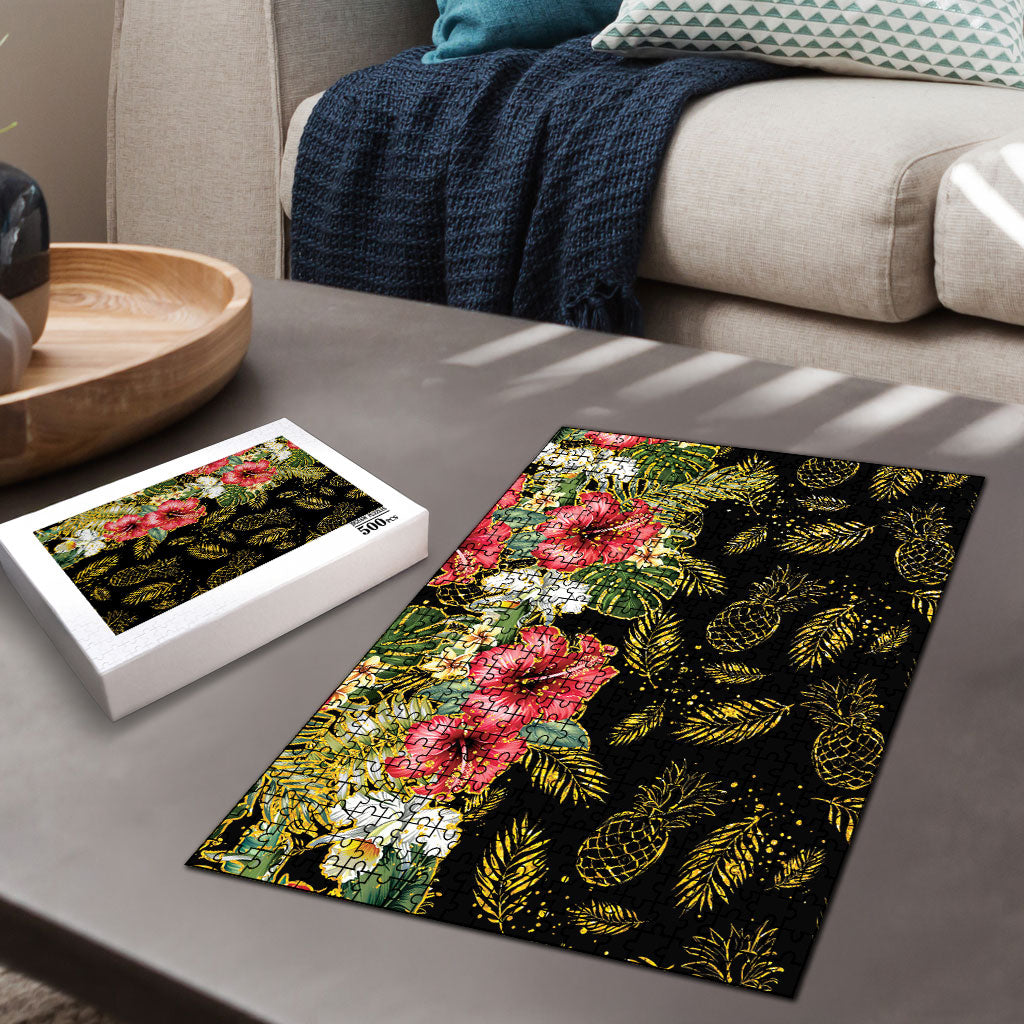 Hawaii Discoverers Day Puzzle Tropical Hibiscus Glitter Black