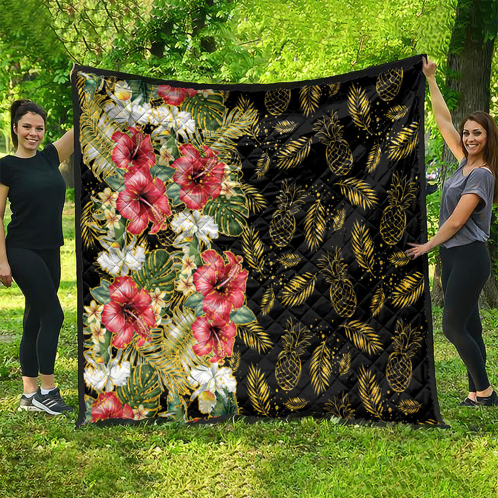 Hawaii Discoverers Day Quilt Tropical Hibiscus Glitter Black LT05 - Polynesian Pride