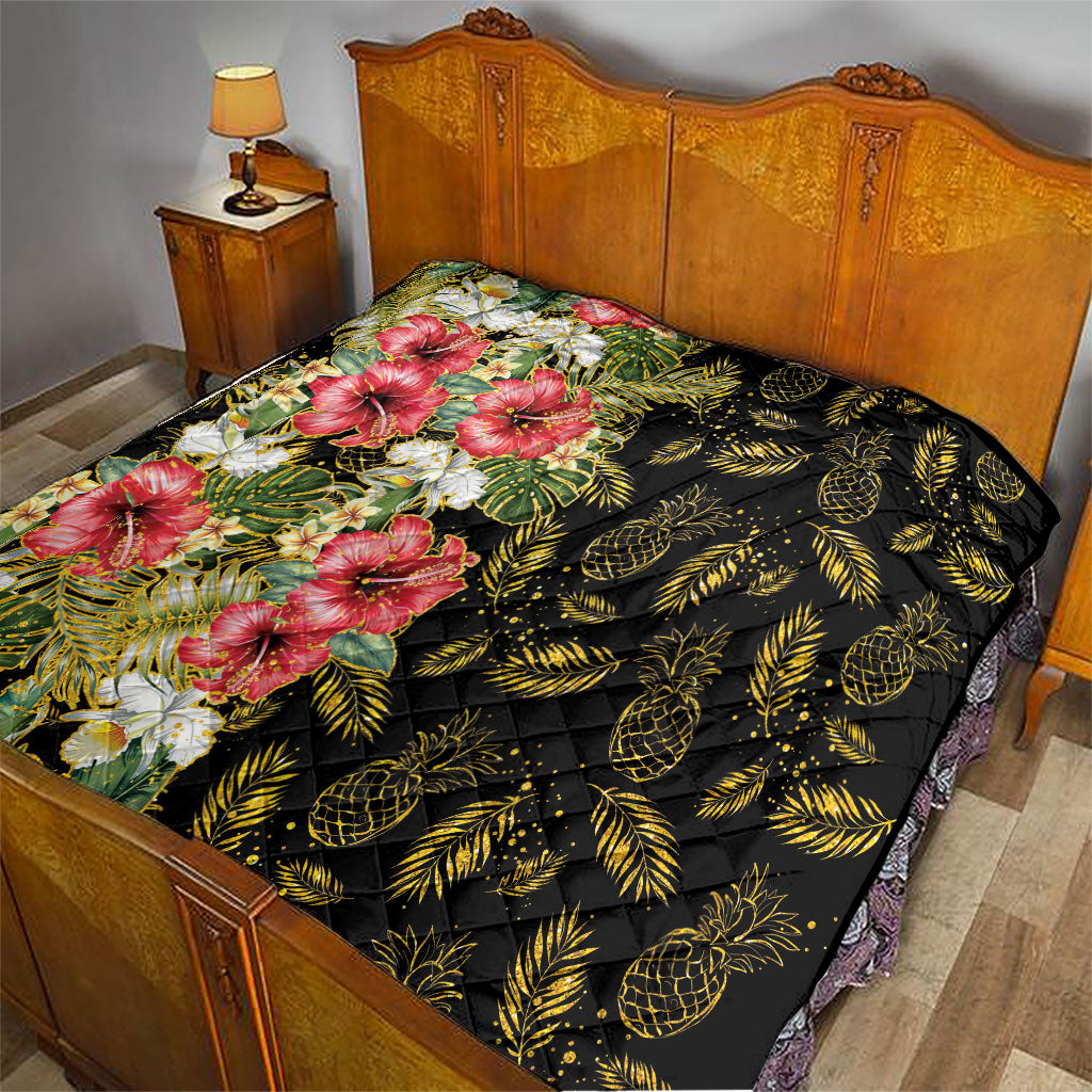 Hawaii Discoverers Day Quilt Tropical Hibiscus Glitter Black LT05 - Polynesian Pride