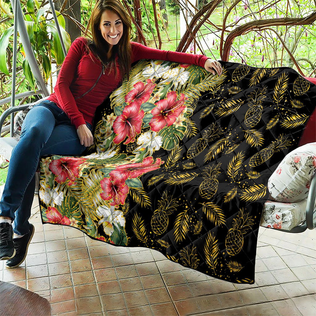 Hawaii Discoverers Day Quilt Tropical Hibiscus Glitter Black LT05 - Polynesian Pride