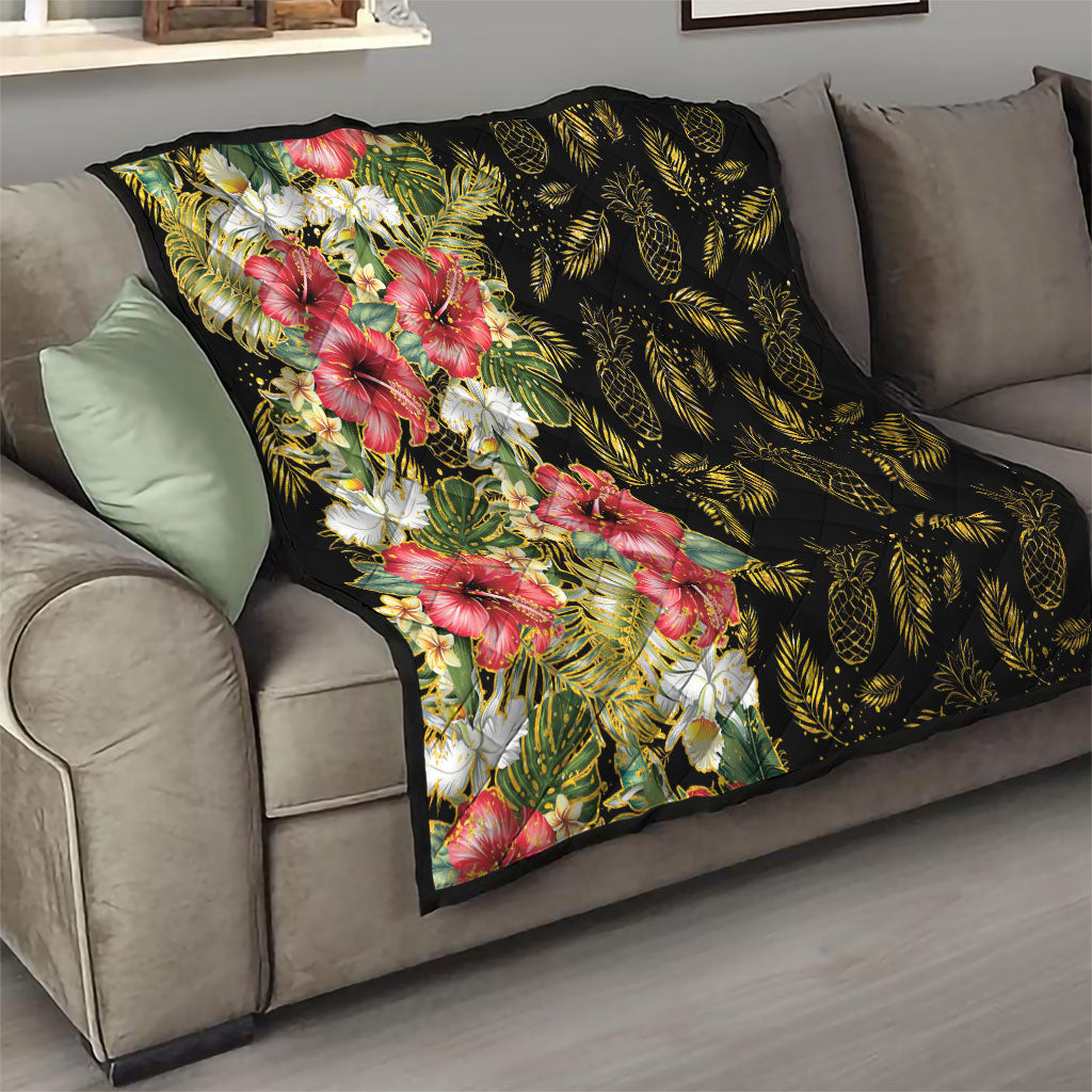 Hawaii Discoverers Day Quilt Tropical Hibiscus Glitter Black LT05 - Polynesian Pride