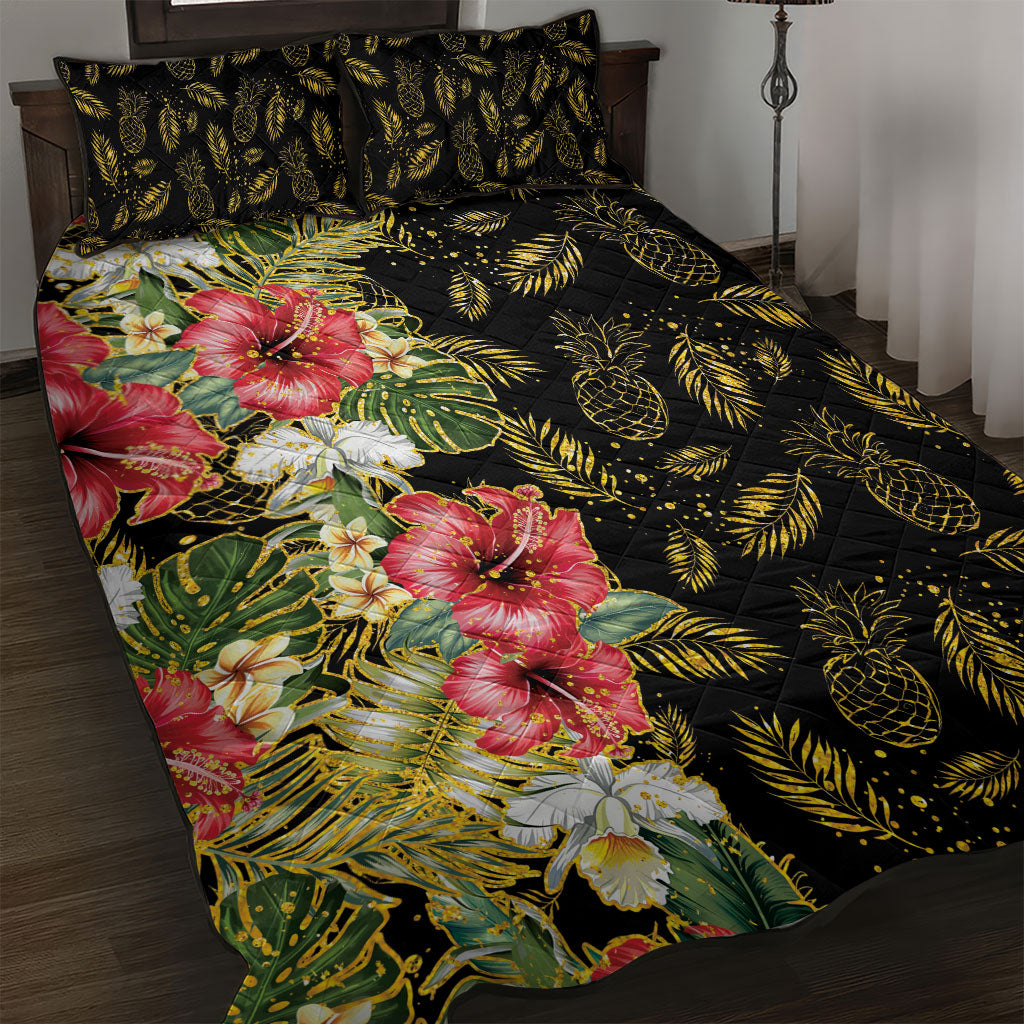 Hawaii Discoverers Day Quilt Bed Set Tropical Hibiscus Glitter Black LT05 Black - Polynesian Pride