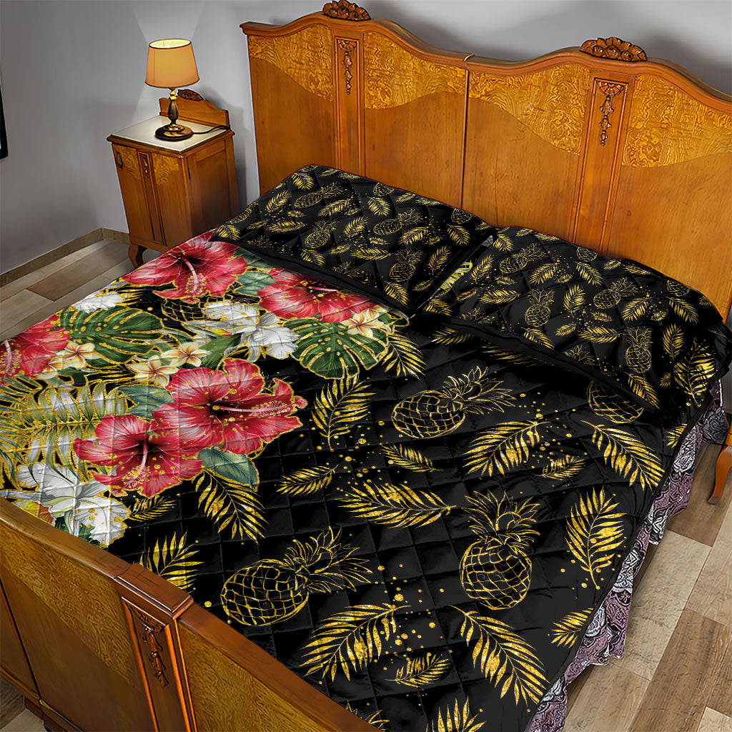 Hawaii Discoverers Day Quilt Bed Set Tropical Hibiscus Glitter Black LT05 - Polynesian Pride