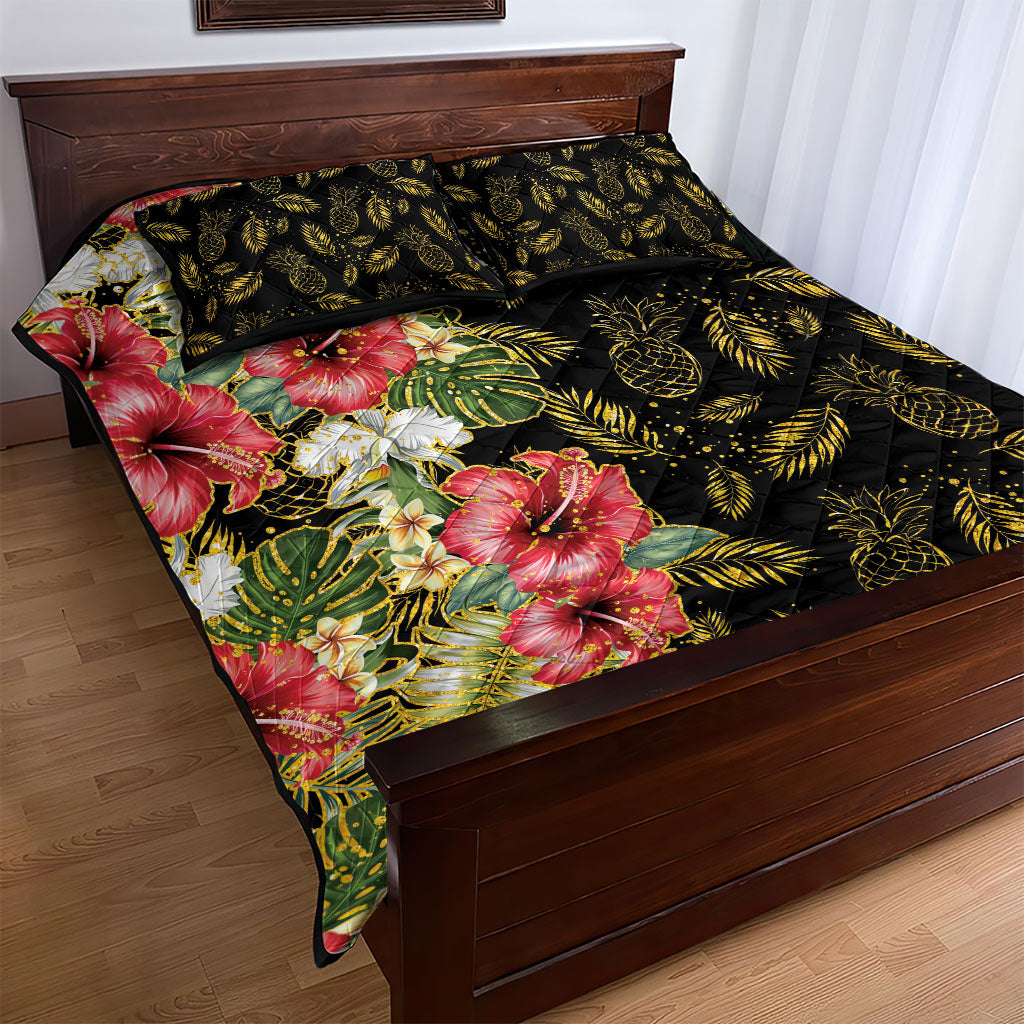Hawaii Discoverers Day Quilt Bed Set Tropical Hibiscus Glitter Black LT05 - Polynesian Pride
