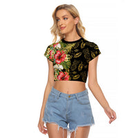 Hawaii Discoverers Day Raglan Cropped T Shirt Tropical Hibiscus Glitter Black LT05 Female Black - Polynesian Pride