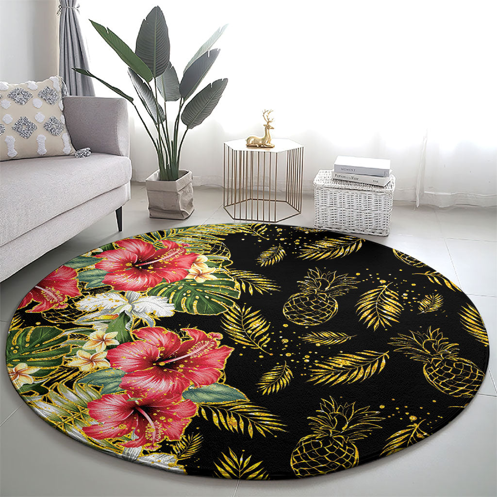 Hawaii Discoverers Day Round Carpet Tropical Hibiscus Glitter Black LT05 - Polynesian Pride