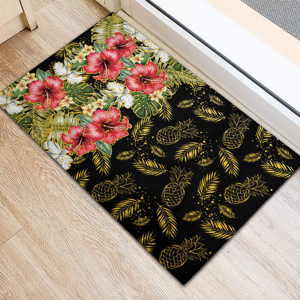 Hawaii Discoverers Day Rubber Doormat Tropical Hibiscus Glitter Black LT05 - Polynesian Pride