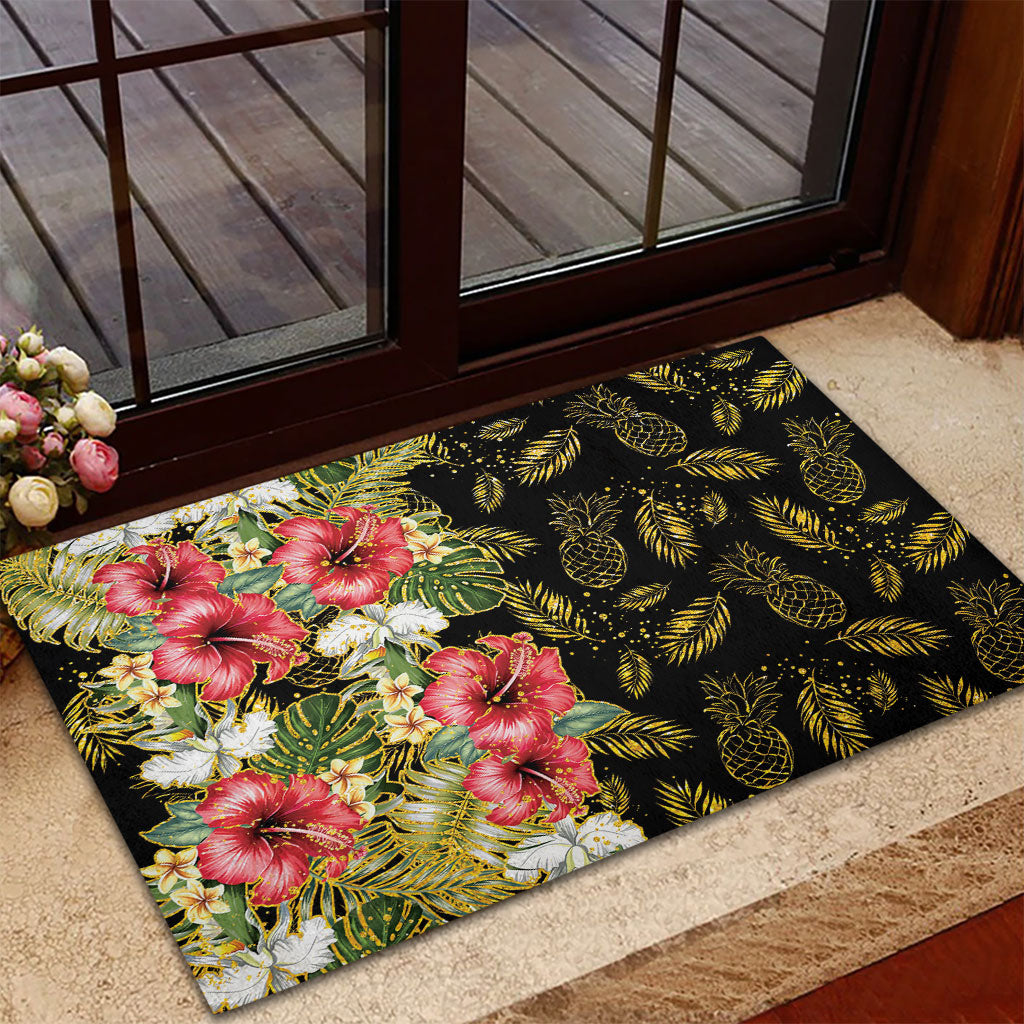 Hawaii Discoverers Day Rubber Doormat Tropical Hibiscus Glitter Black LT05 - Polynesian Pride