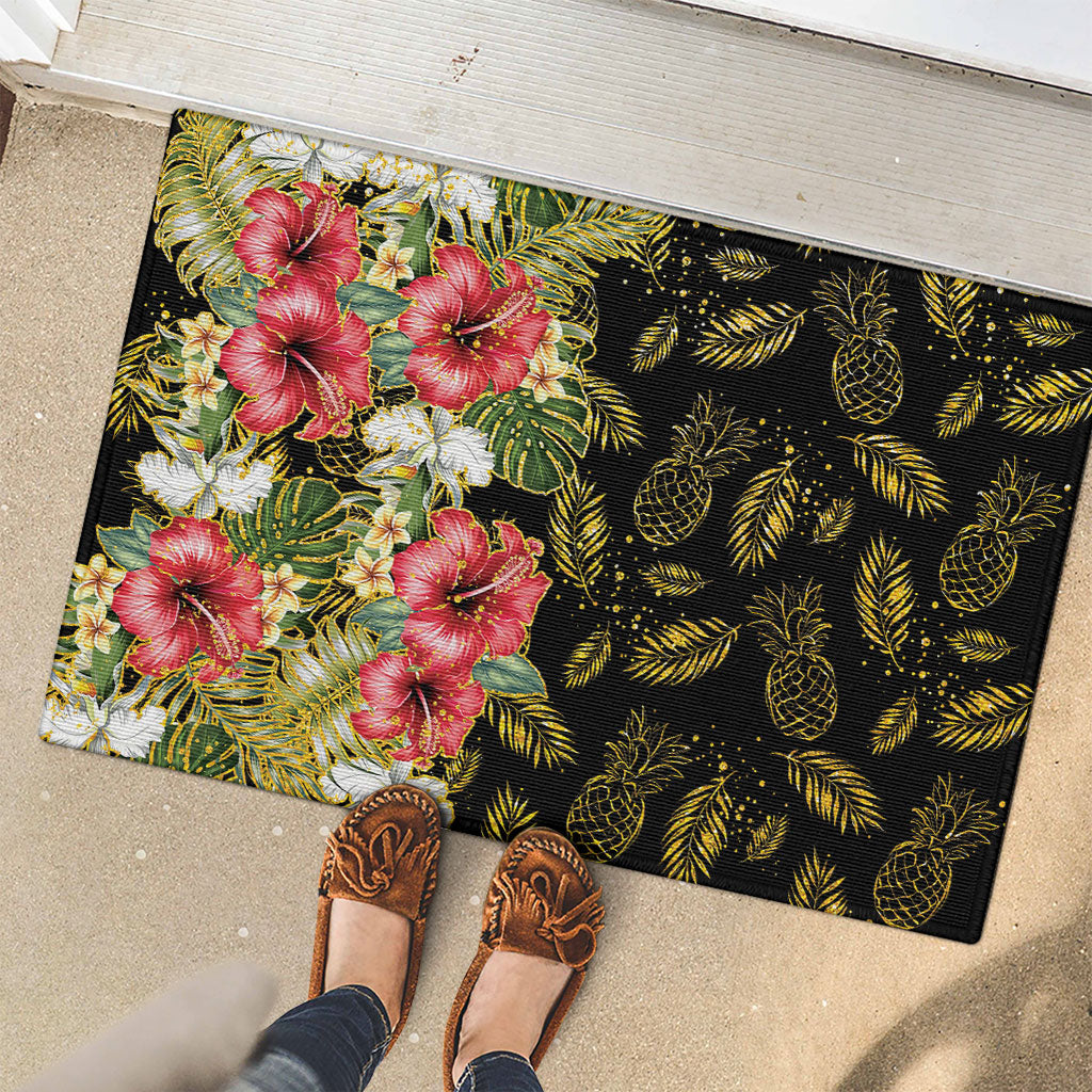 Hawaii Discoverers Day Rubber Doormat Tropical Hibiscus Glitter Black LT05 - Polynesian Pride