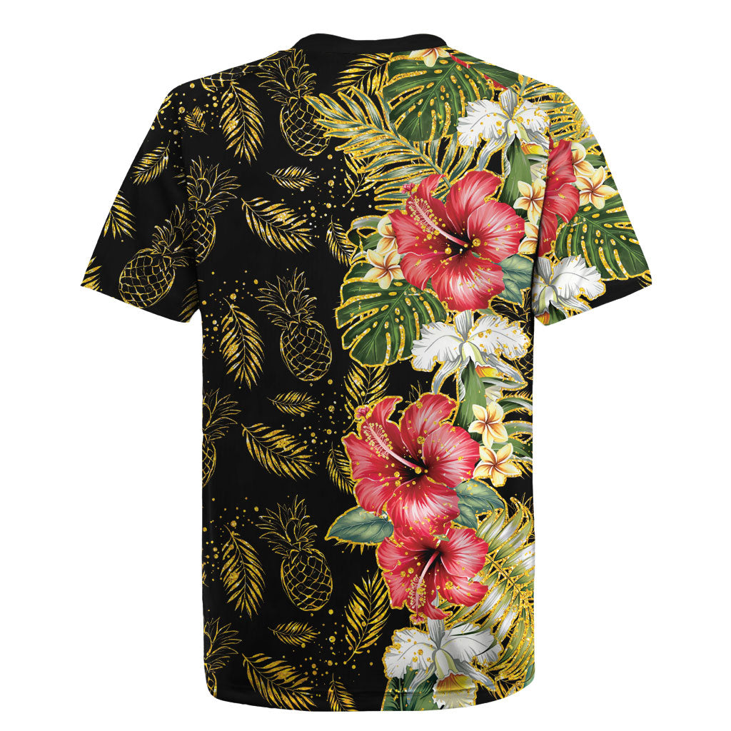 Hawaii Discoverers Day Rugby Jersey Tropical Hibiscus Glitter Black LT05 - Polynesian Pride
