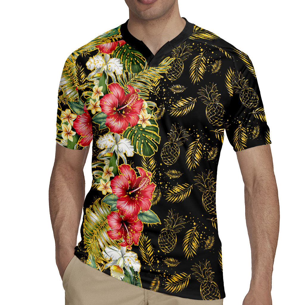 Hawaii Discoverers Day Rugby Jersey Tropical Hibiscus Glitter Black LT05 - Polynesian Pride