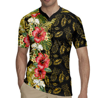 Hawaii Discoverers Day Rugby Jersey Tropical Hibiscus Glitter Black LT05 - Polynesian Pride