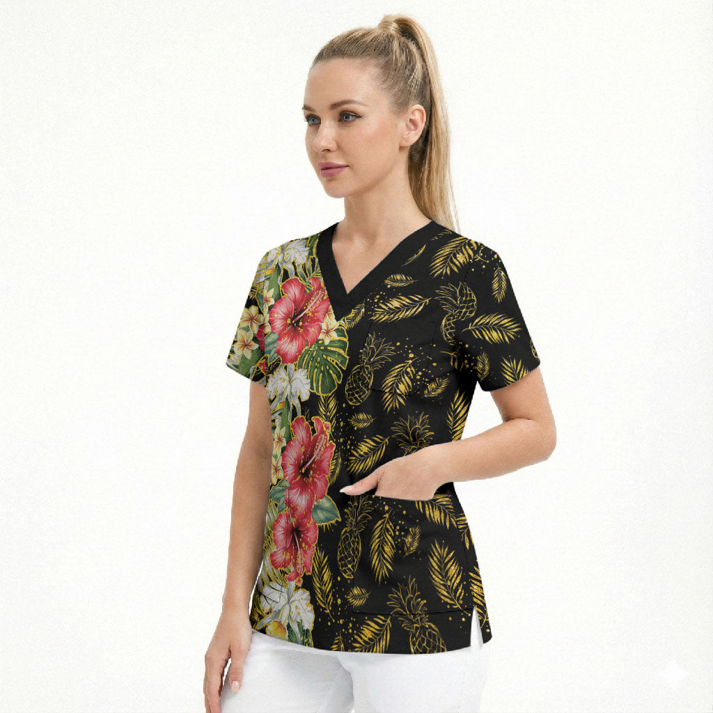 Hawaii Discoverers Day Scrub Top Tropical Hibiscus Glitter Black LT05 - Polynesian Pride