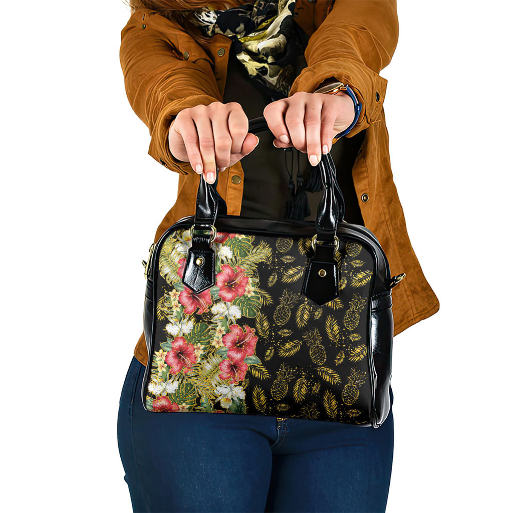 Hawaii Discoverers Day Shoulder Handbag Tropical Hibiscus Glitter Black LT05 One Size Black - Polynesian Pride