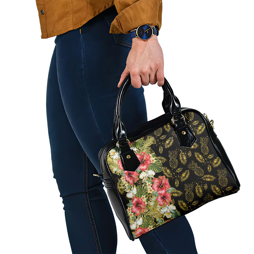 Hawaii Discoverers Day Shoulder Handbag Tropical Hibiscus Glitter Black LT05 - Polynesian Pride