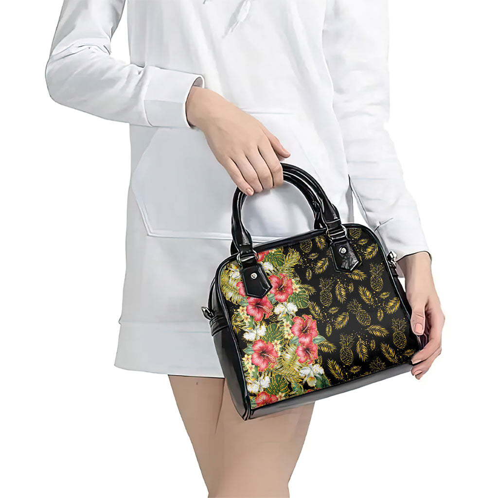 Hawaii Discoverers Day Shoulder Handbag Tropical Hibiscus Glitter Black LT05 - Polynesian Pride