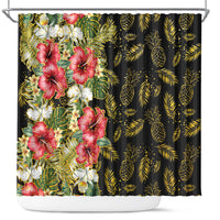 Hawaii Discoverers Day Shower Curtain Tropical Hibiscus Glitter Black LT05 Black - Polynesian Pride