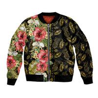 Hawaii Discoverers Day Sleeve Zip Bomber Jacket Tropical Hibiscus Glitter Black LT05 Unisex Black - Polynesian Pride