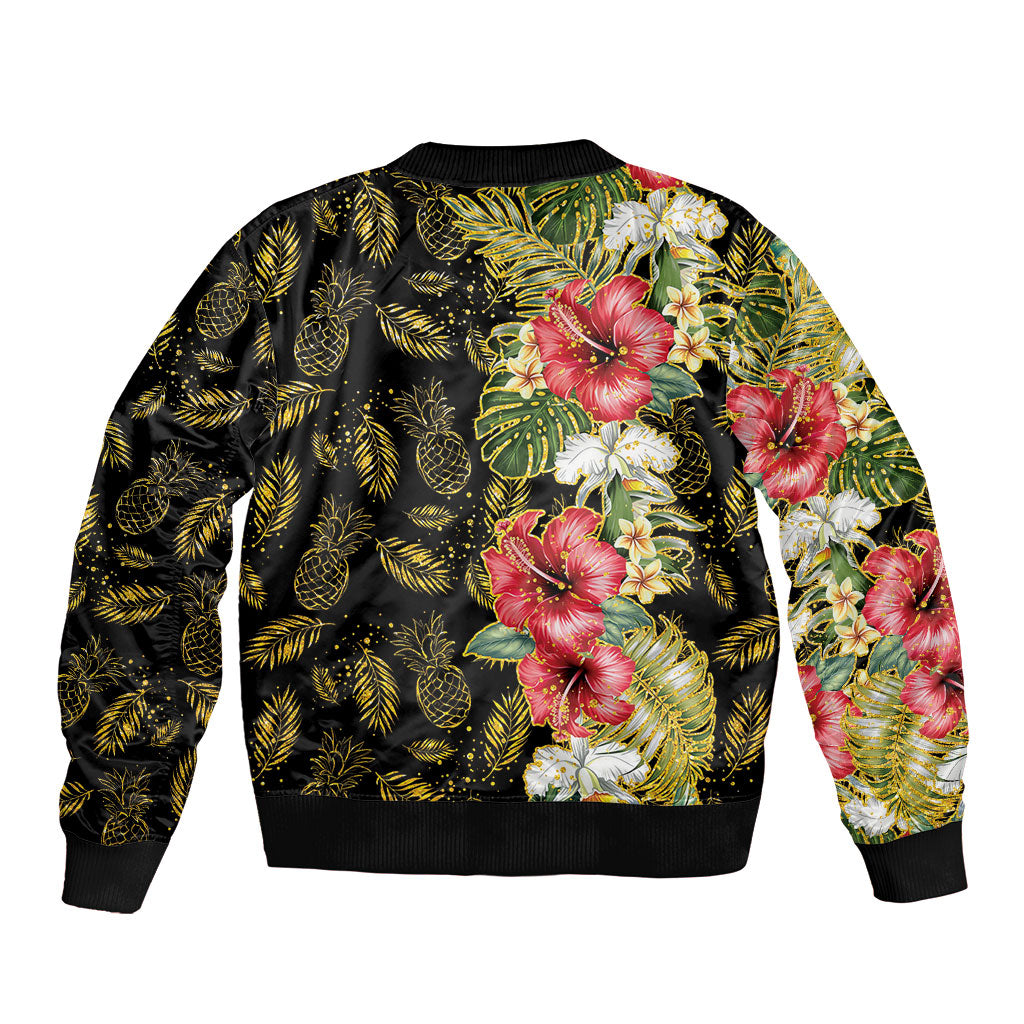 Hawaii Discoverers Day Sleeve Zip Bomber Jacket Tropical Hibiscus Glitter Black LT05 - Polynesian Pride