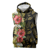 Hawaii Discoverers Day Sleeveless Hoodie Tropical Hibiscus Glitter Black LT05 Black - Polynesian Pride