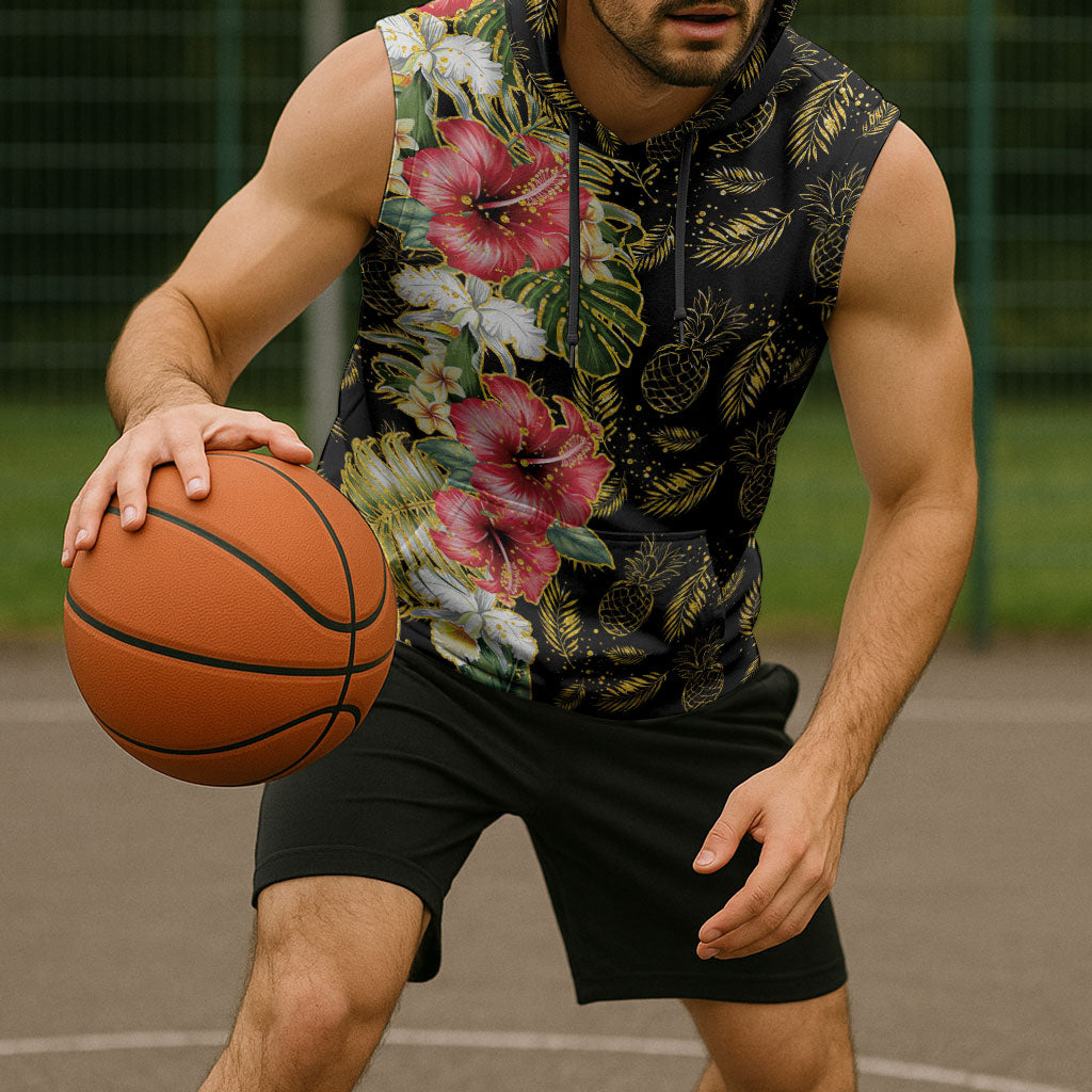 Hawaii Discoverers Day Sleeveless Hoodie Tropical Hibiscus Glitter Black LT05 - Polynesian Pride