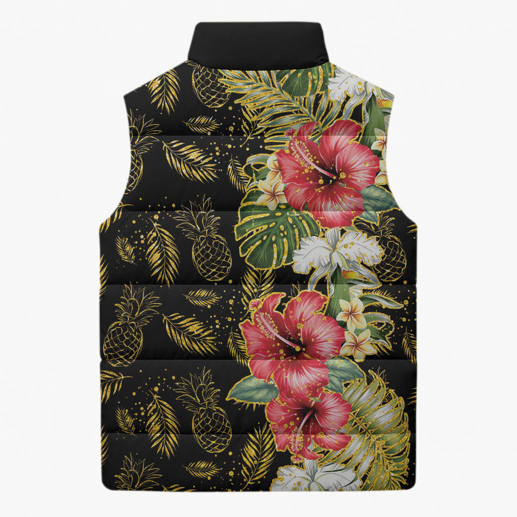 Hawaii Discoverers Day Sleeveless Puffer Jacket Tropical Hibiscus Glitter Black LT05 - Polynesian Pride