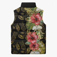 Hawaii Discoverers Day Sleeveless Puffer Jacket Tropical Hibiscus Glitter Black LT05 - Polynesian Pride