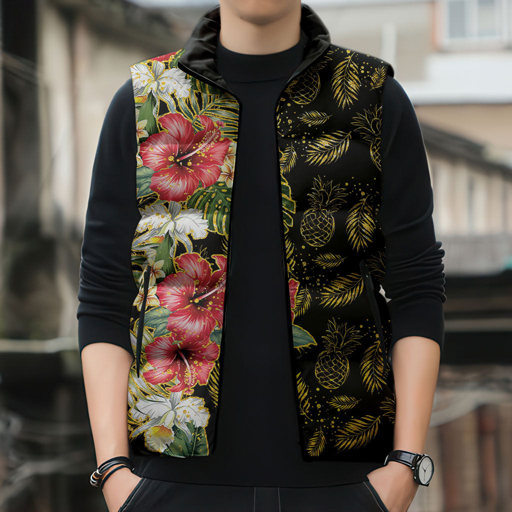 Hawaii Discoverers Day Sleeveless Puffer Jacket Tropical Hibiscus Glitter Black LT05 - Polynesian Pride