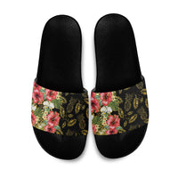 Hawaii Discoverers Day Slide Sandals Tropical Hibiscus Glitter Black LT05 Black - Polynesian Pride