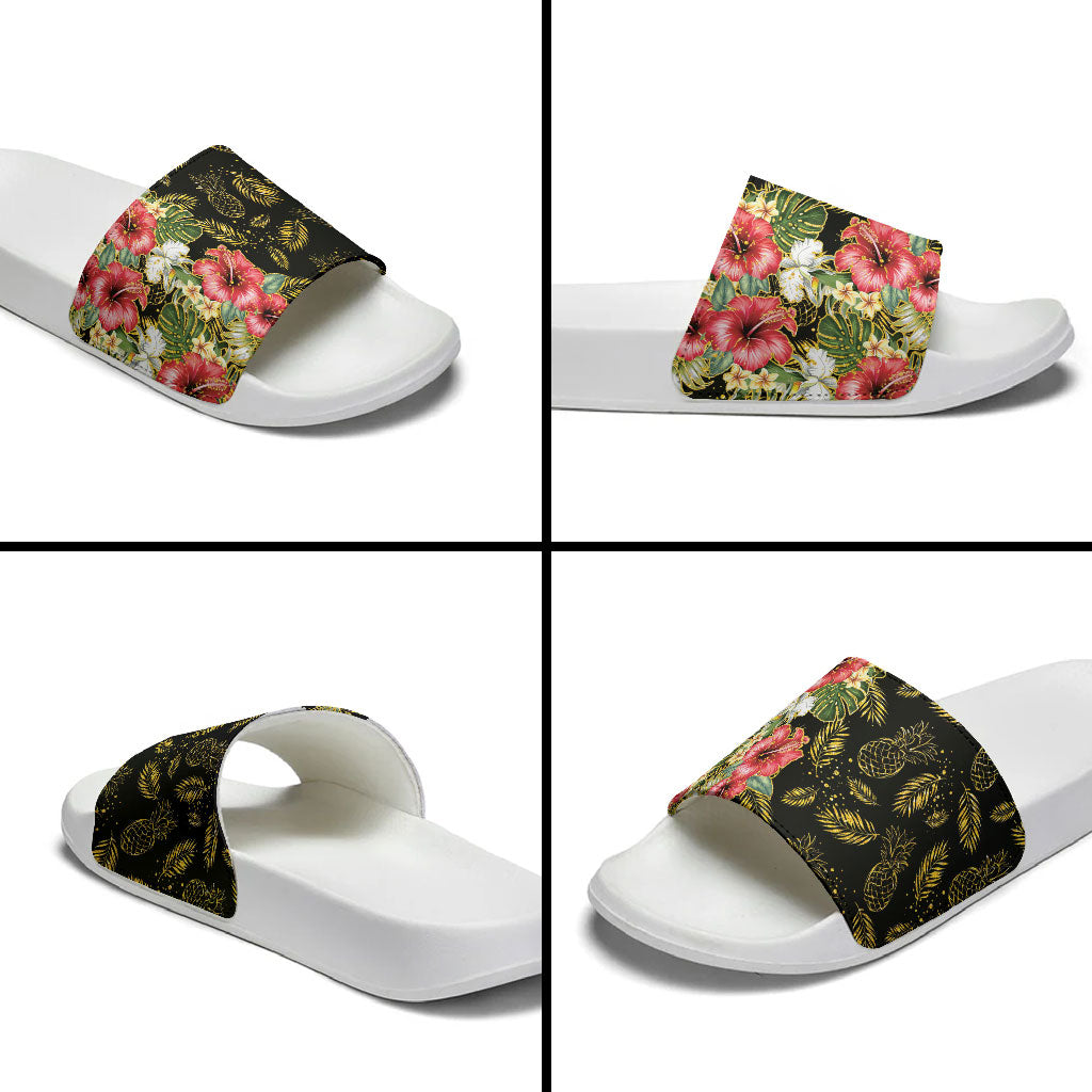Hawaii Discoverers Day Slide Sandals Tropical Hibiscus Glitter Black LT05 - Polynesian Pride